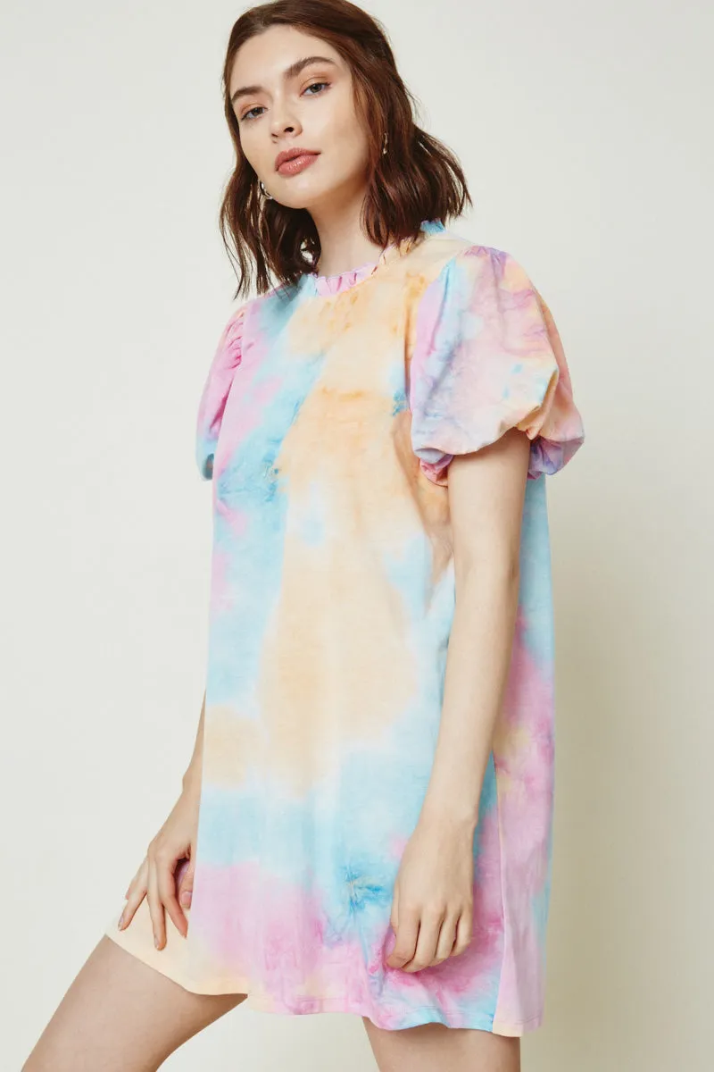 Womens Ruffle Tie Dye Puff Sleeve Shirt Dress sold by Hayden