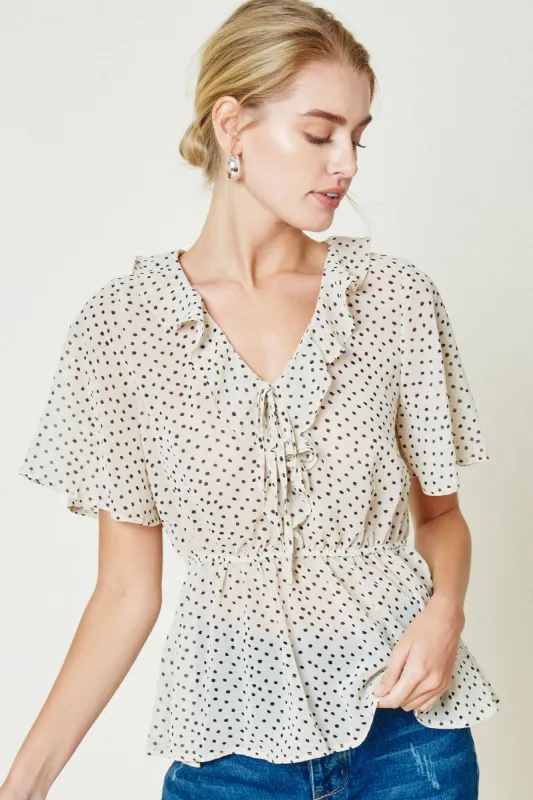 Womens Dotted Ruffle Peplum Blouse sold by Hayden