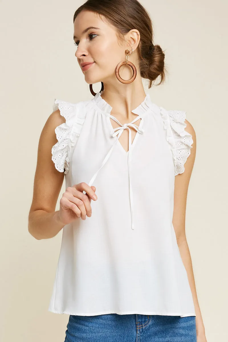 Womens High-Neck Ruffle Eyelet Sleeve Top sold by Hayden