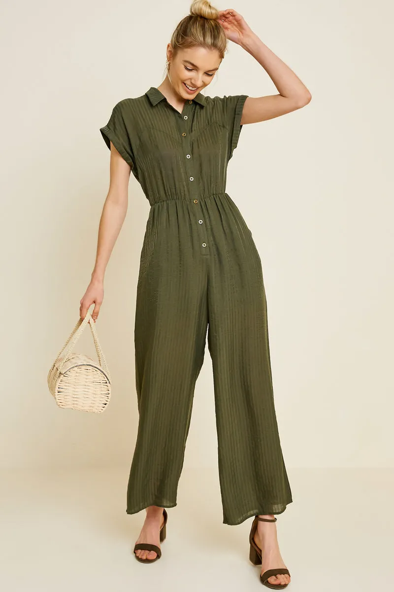Womens Cropped Collared Button-Down Jumpsuit sold by Hayden