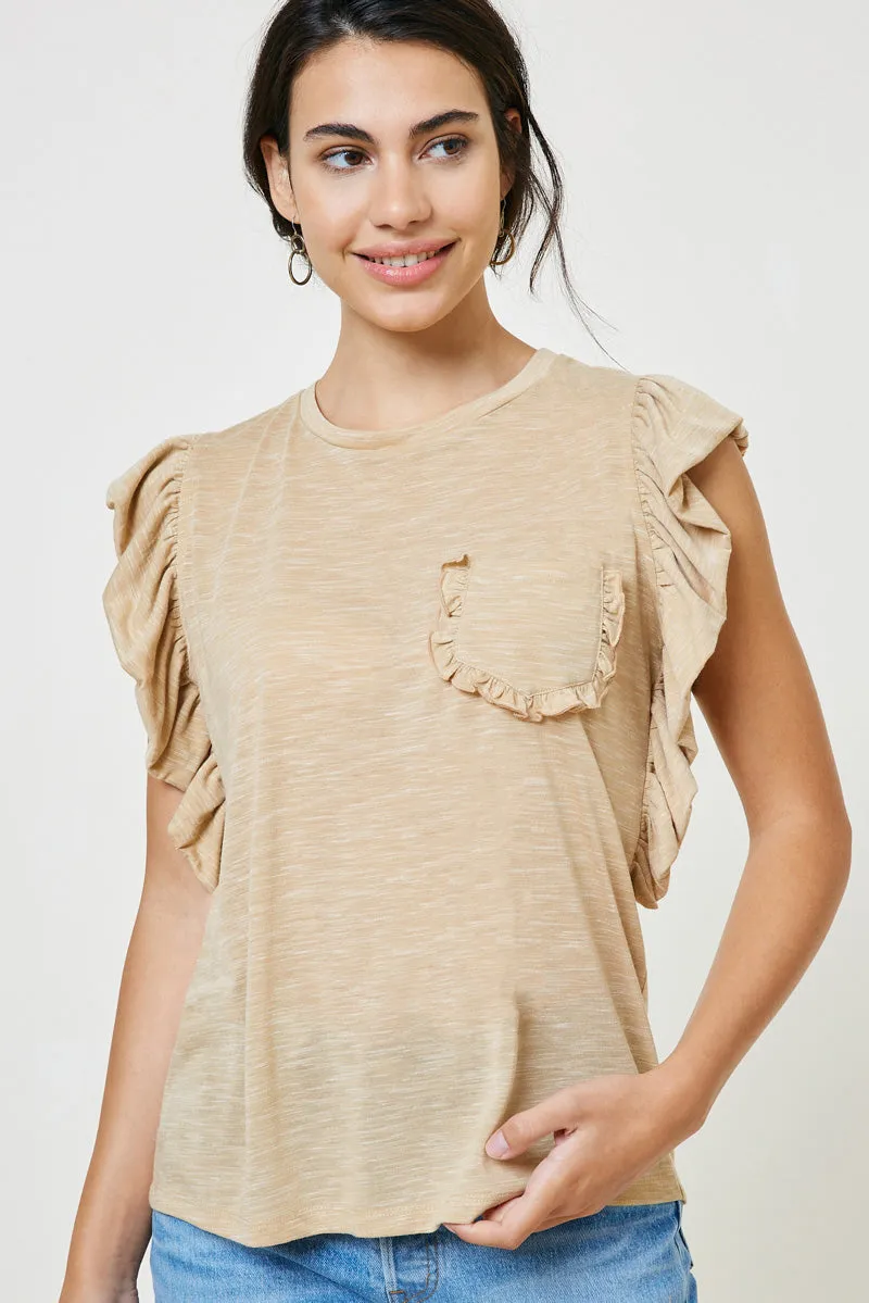 Womens Heathered Ruffle Pocket Tee sold by Hayden