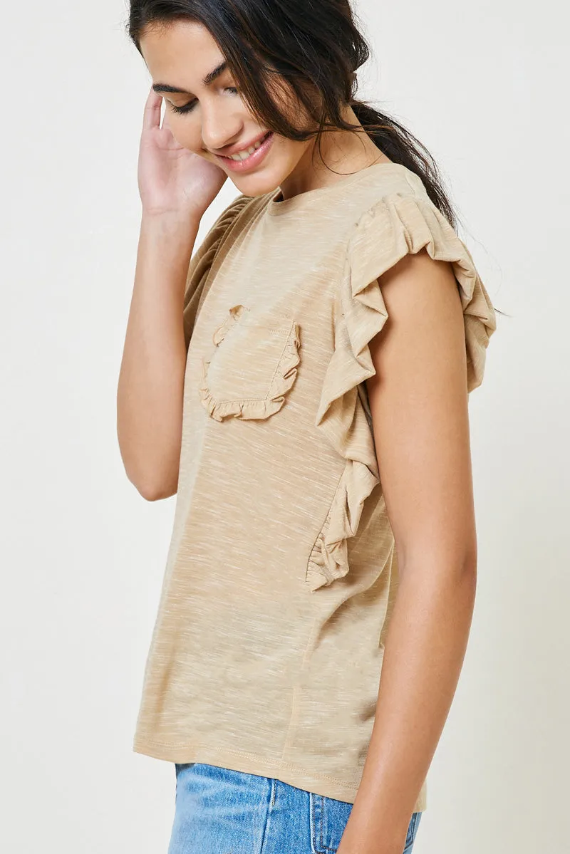 Womens Heathered Ruffle Pocket Tee sold by Hayden product image thumbnail 3