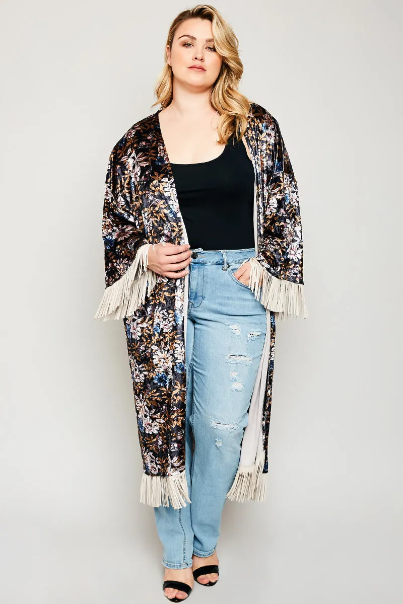 Womens Floral Kimono Duster Rob With Fringe Trim sold by Hayden product image thumbnail 3