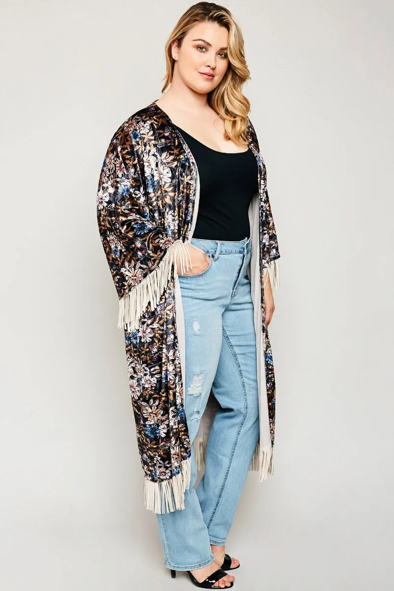 Womens Floral Kimono Duster Rob With Fringe Trim sold by Hayden product image thumbnail 4