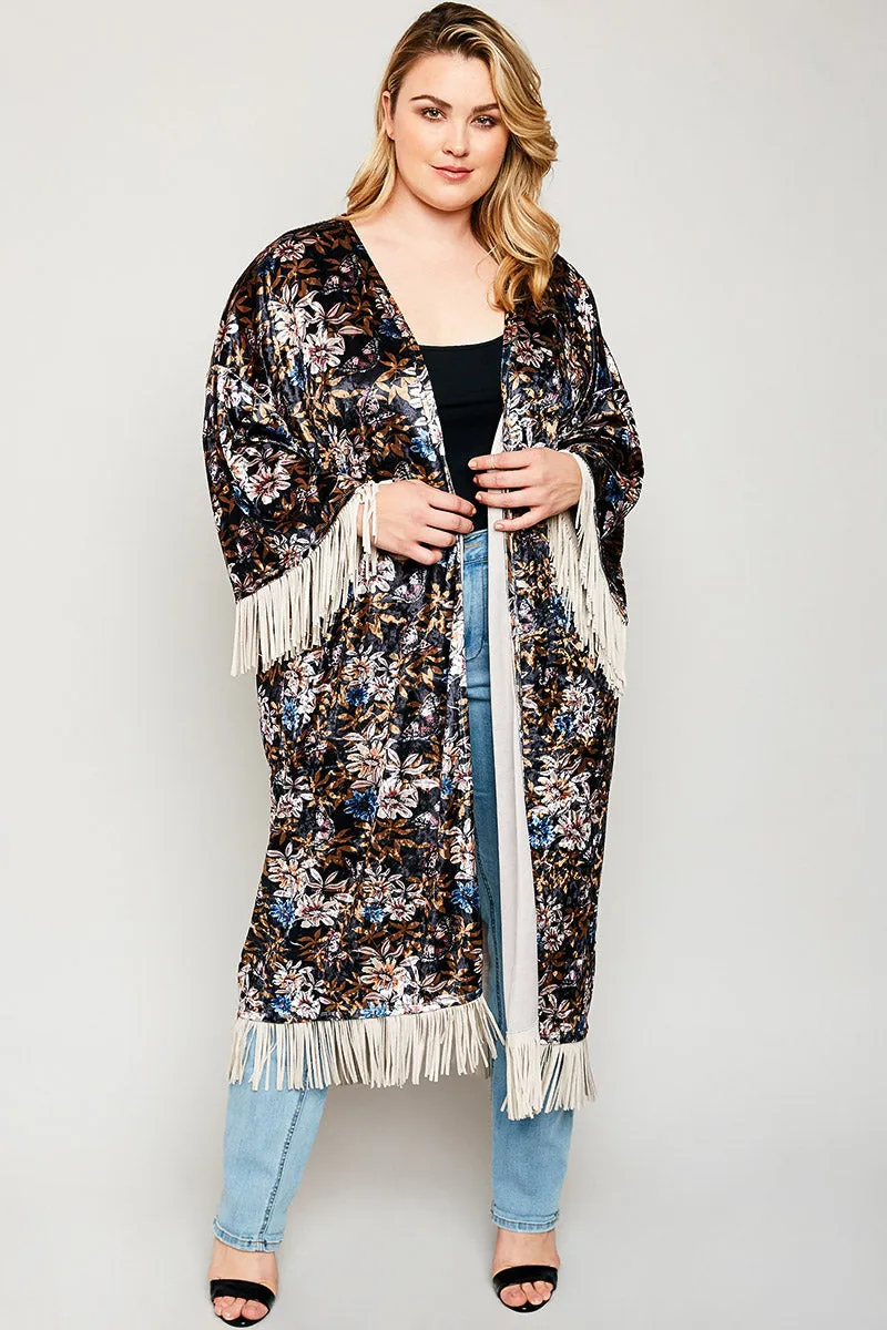 Womens Floral Kimono Duster Rob With Fringe Trim sold by Hayden