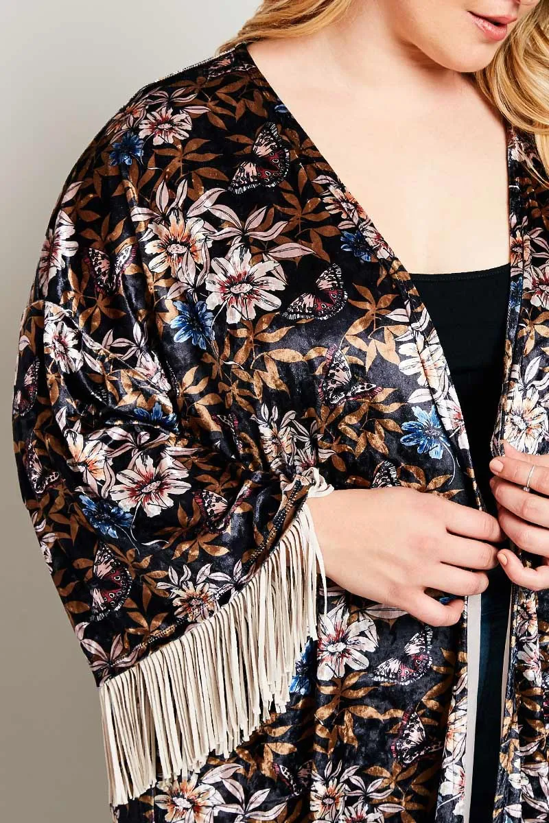 Womens Floral Kimono Duster Rob With Fringe Trim sold by Hayden product image thumbnail 5
