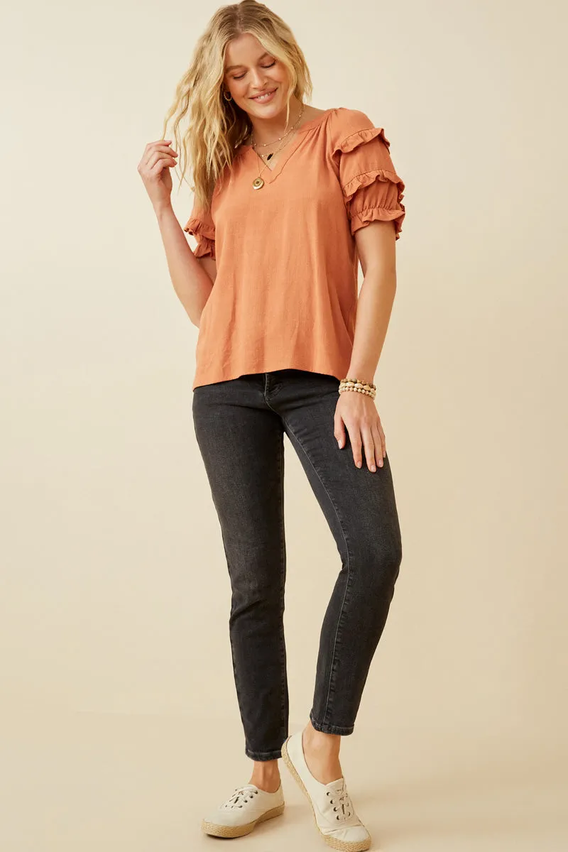 Women V Neck Ruffled Sleeve Linen Blend Top sold by Hayden product image thumbnail 3