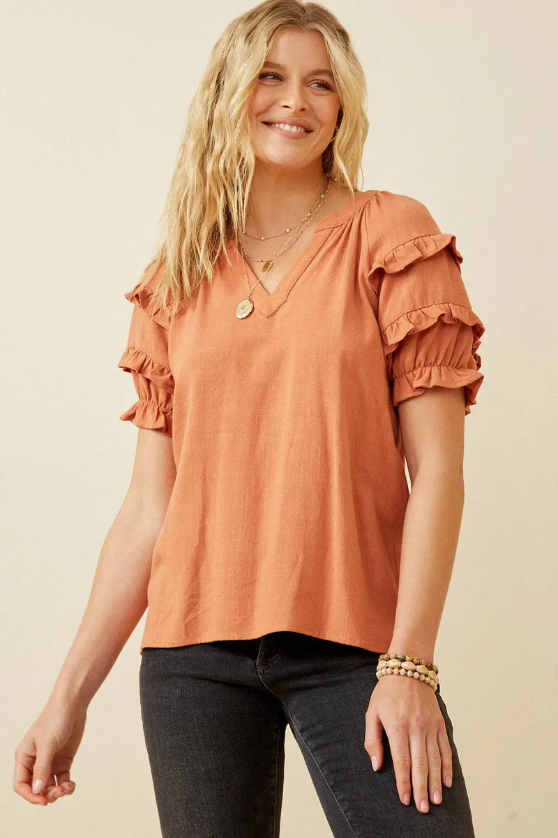 Women V Neck Ruffled Sleeve Linen Blend Top sold by Hayden
