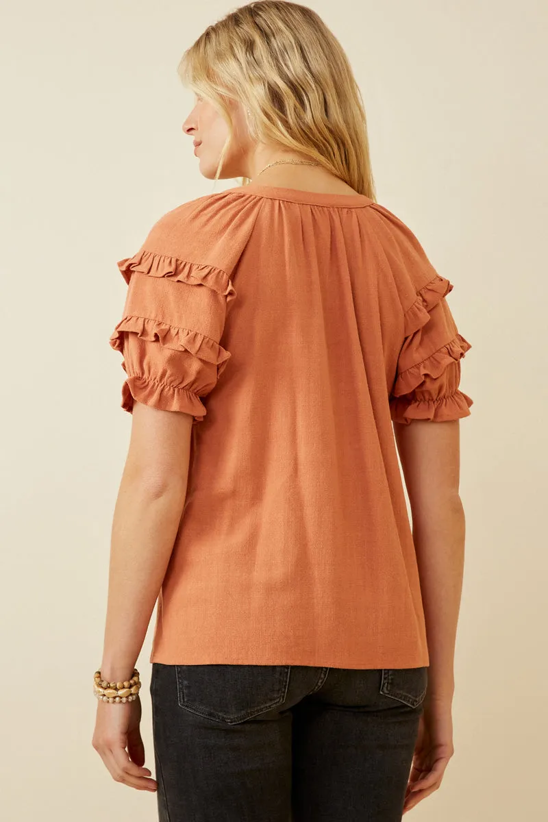 Women V Neck Ruffled Sleeve Linen Blend Top sold by Hayden product image thumbnail 5