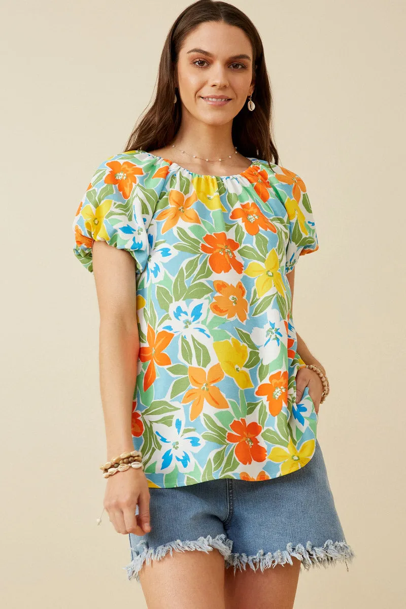 Womens Resort Floral Puff Sleeve Top sold by Hayden