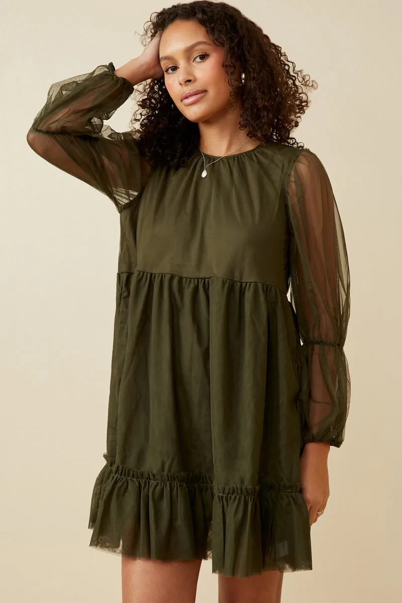 Womens Cinched Puff Sleeve Tiered Mesh Dress sold by Hayden