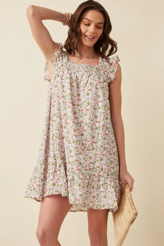 Womens Floral Smocked Square Neck Ruffled Mini Dress sold by Hayden