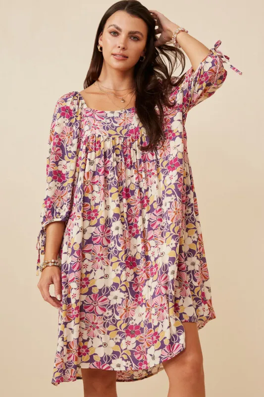 Womens Floral Print Square Neck Tie Sleeve Dress made by Hayden