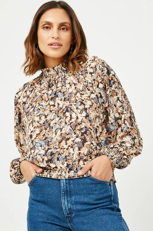 Womens Smocked Cuff Shoulder Cut Out Foliage Print Top sold by Hayden