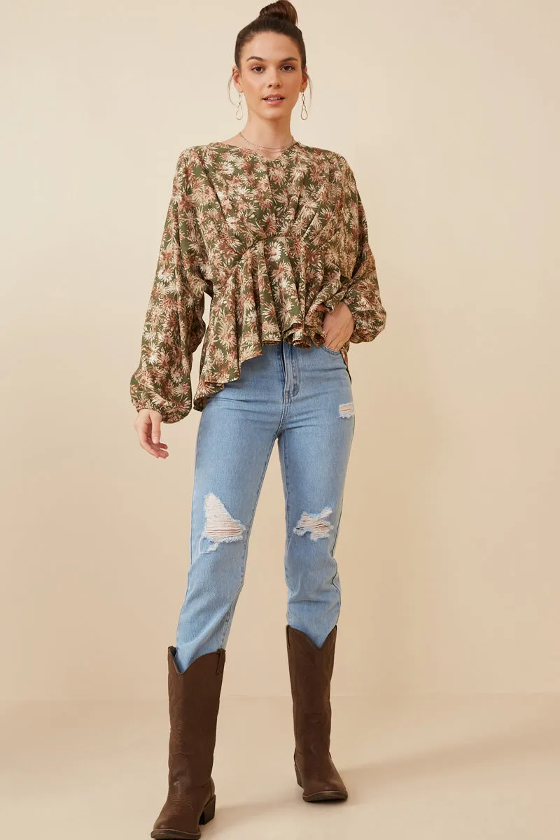 Womens Floral Print V Neck Cinch Waist Peplum Top sold by Hayden