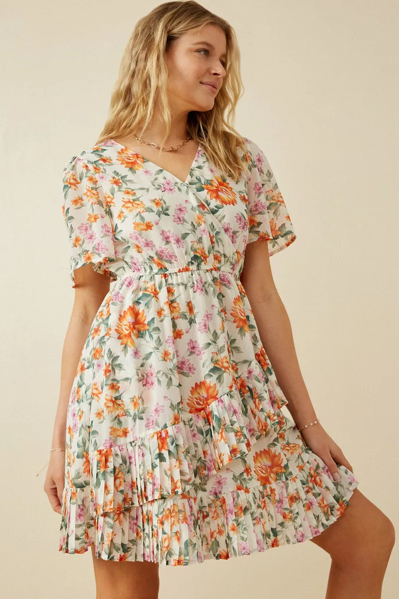 Womens Pleated Ruffle Floral Wrap Dress sold by Hayden