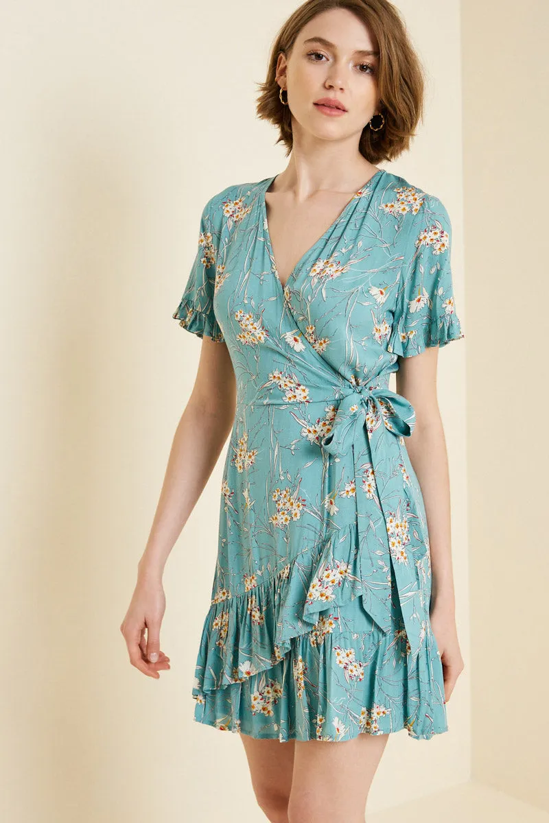Womens Floral Asymmetrical Ruffle Wrap Dress sold by Hayden