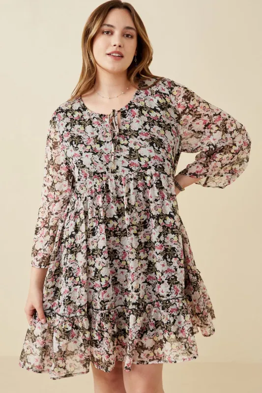 Womens Floral Textured Chiffon Bell Sleeve Tie Neck Dress sold by Hayden