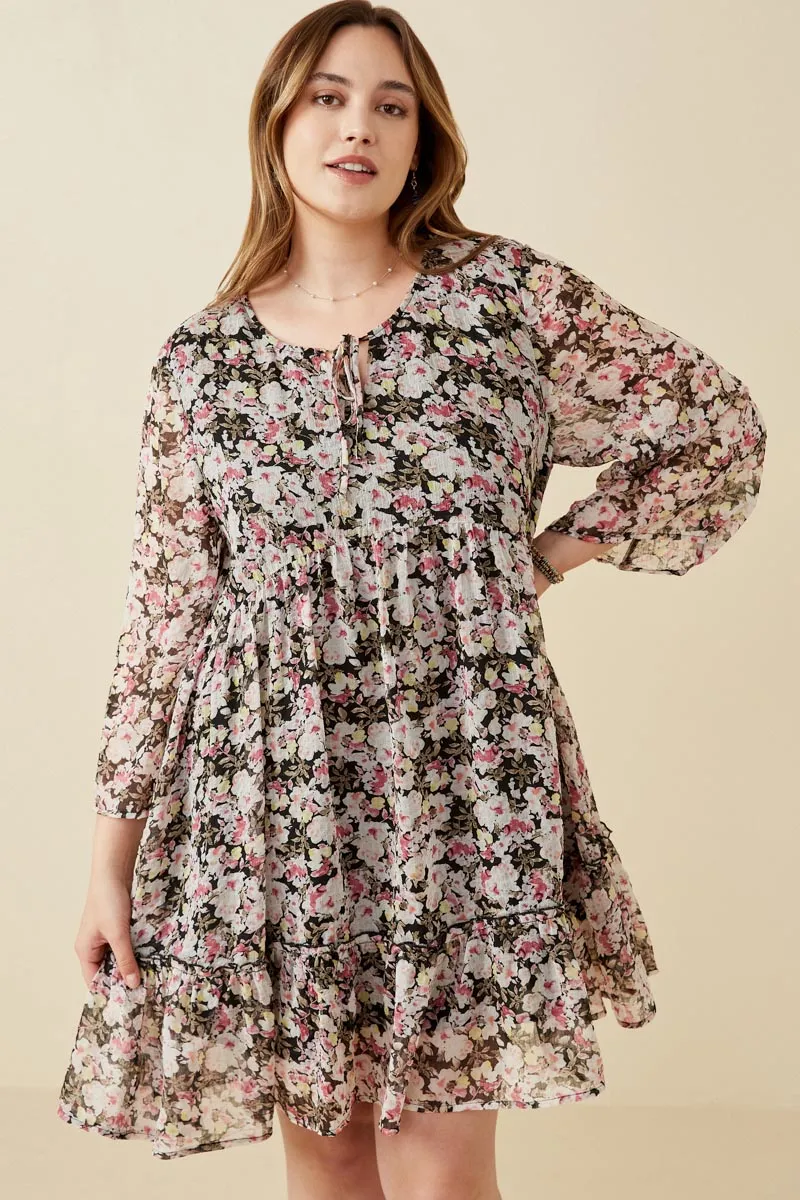 Womens Floral Textured Chiffon Bell Sleeve Tie Neck Dress sold by Hayden