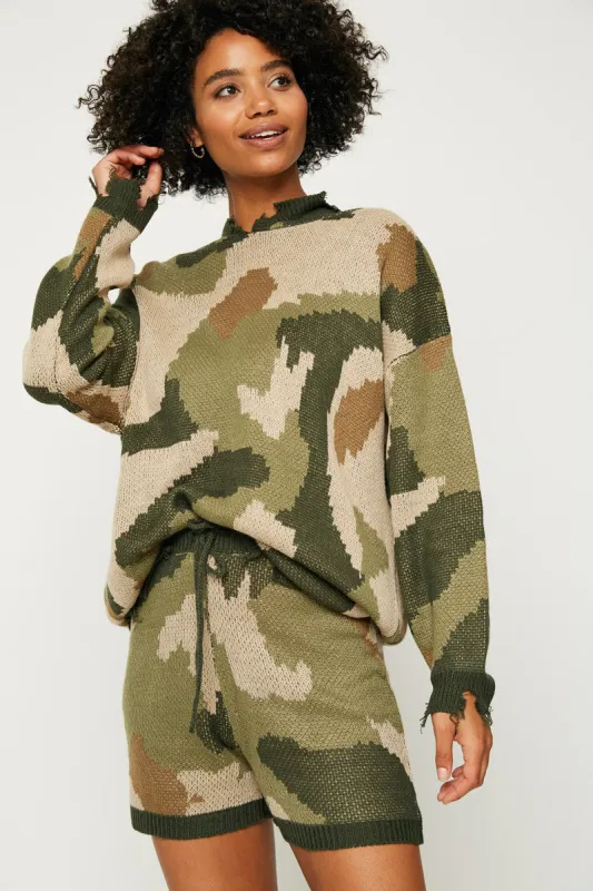 Womens Distressed Knit Camo Hoodie sold by Hayden