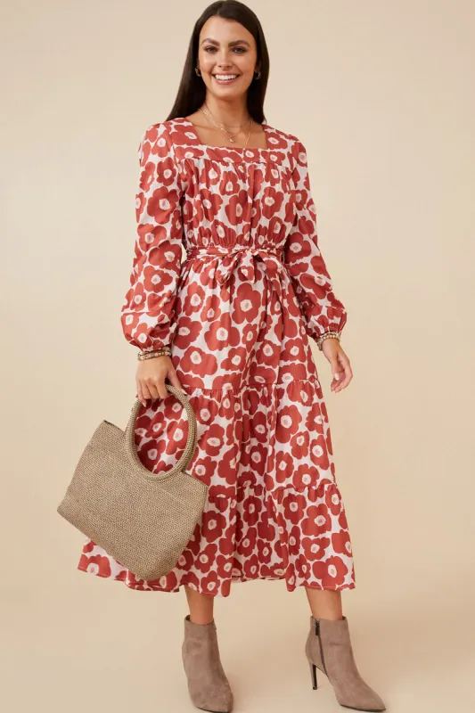 Womens Bold Floral Print Belted Square Neck Dress sold by Hayden