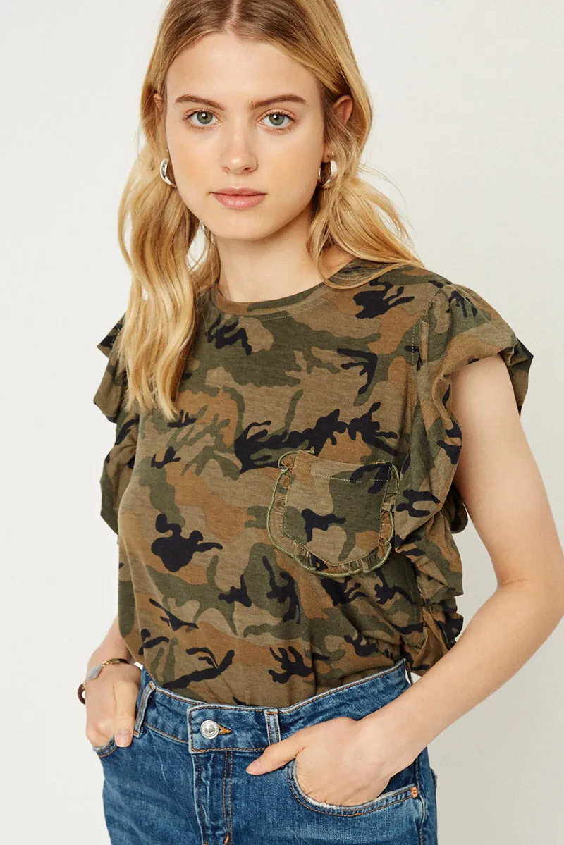 Womens Camo Print Ruffle Sleeve Tee sold by Hayden