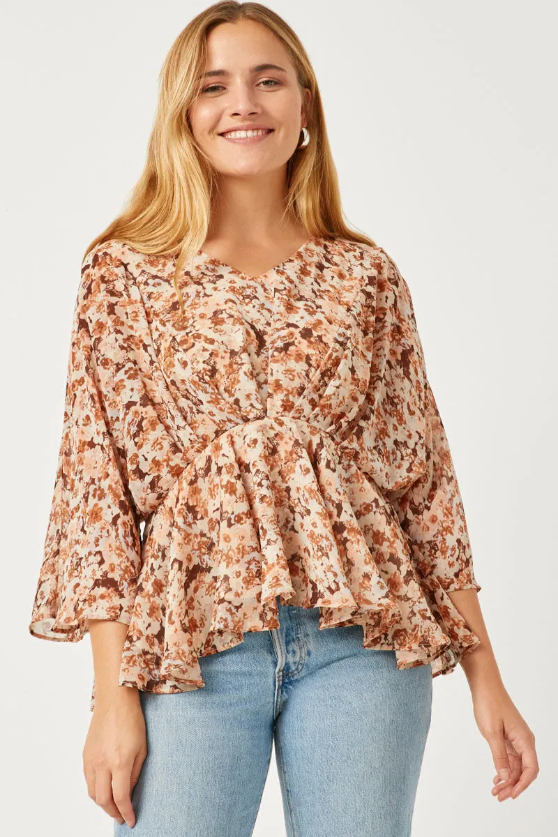 Womens V Neck Floral Pleated Peplum Top sold by Hayden product image thumbnail 3