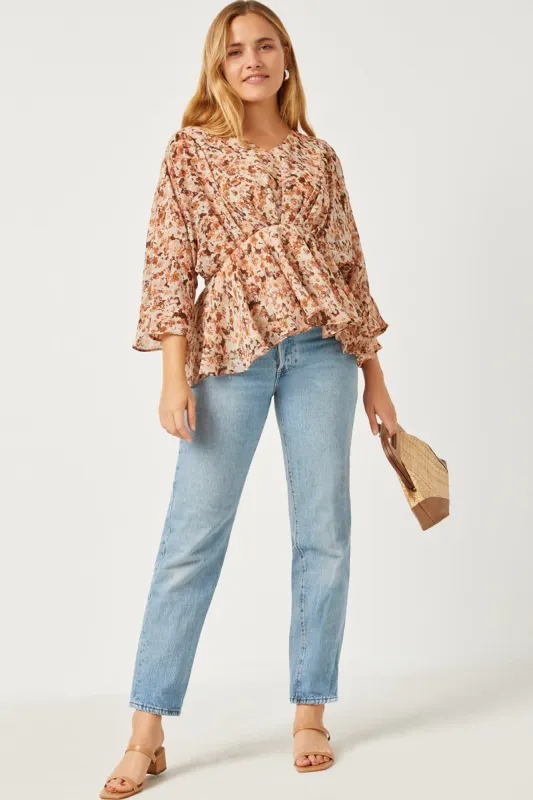 Womens V Neck Floral Pleated Peplum Top sold by Hayden