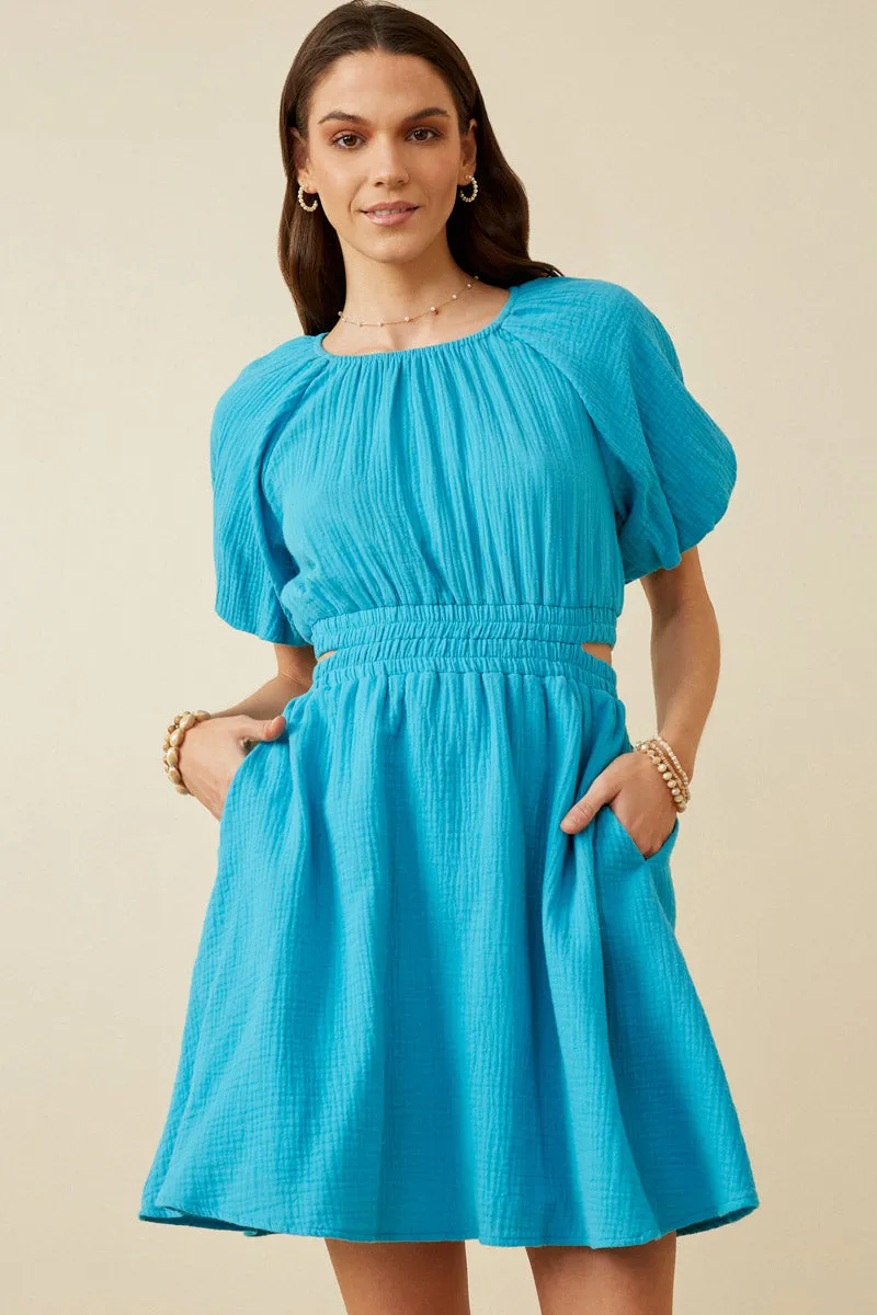 Womens Puff Sleeve Cutout Waist Textured Gauze Dress sold by Hayden