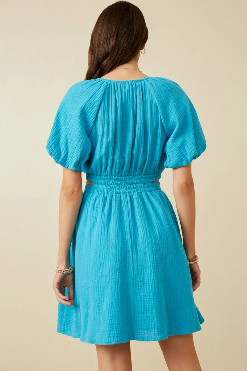 Womens Puff Sleeve Cutout Waist Textured Gauze Dress sold by Hayden product image thumbnail 4