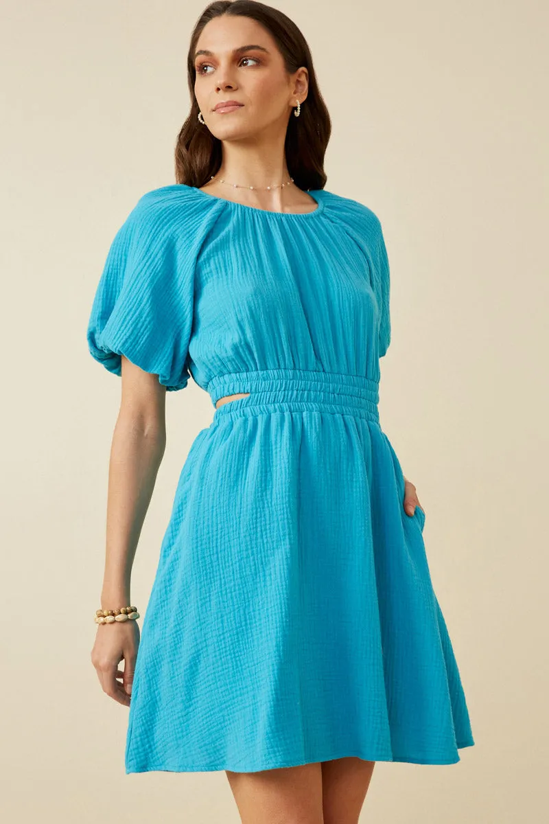 Womens Puff Sleeve Cutout Waist Textured Gauze Dress sold by Hayden product image thumbnail 2