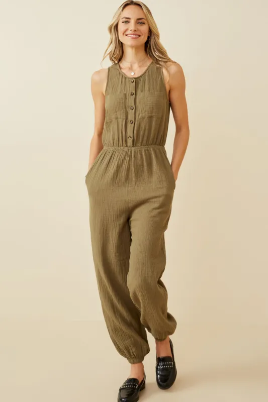 Womens Textured Buttoned Sleeveless Jumpsuit sold by Hayden