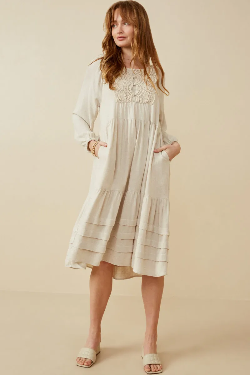 Womens Crochet Patched Pleat Hem Buttoned Linen Dress sold by Hayden