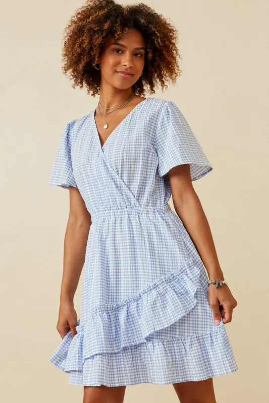 Womens Embroidered Checkered Print Ruffled Wrap Dress sold by Hayden