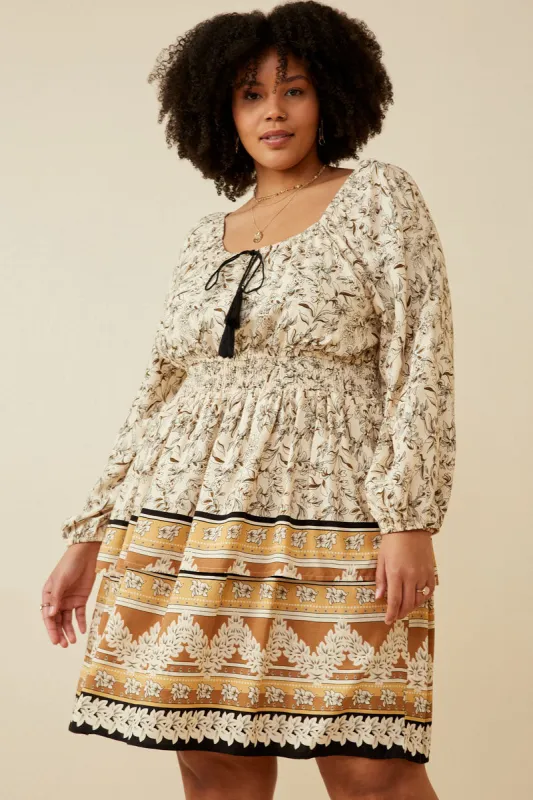 Womens Floral Border Print Tassel Detail Smock Waist Dress sold by Hayden