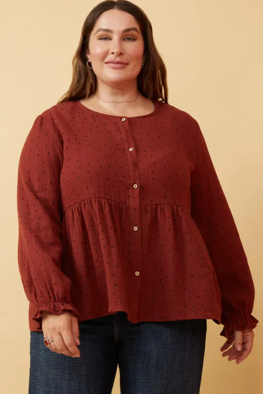 Womens Polka Dot Cinched Cuff Button Up Peplum Blouse sold by Hayden