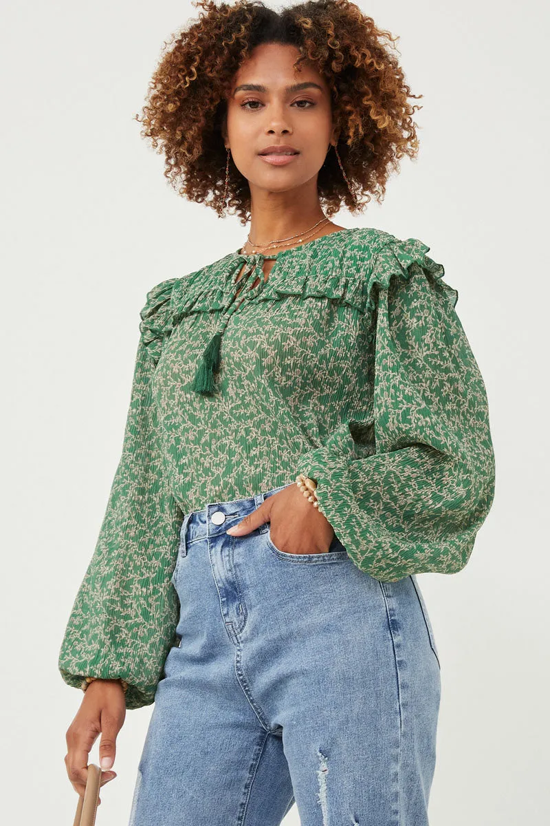 Womens Botanical Print Ruffled Tassel Tie Top sold by Hayden