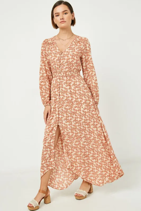 Womens Long Sleeve Buttoned Smock Waist Maxi Dress made by Hayden