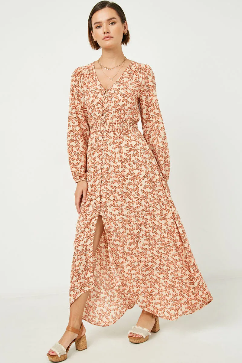 Womens Long Sleeve Buttoned Smock Waist Maxi Dress sold by Hayden