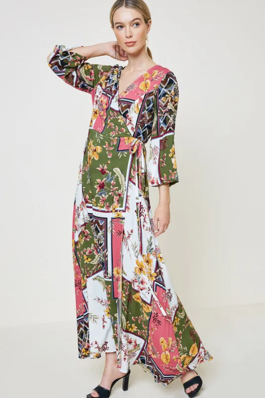 Womens Floral Puff Sleeve Surplice Wrap Maxi Dress made by Hayden
