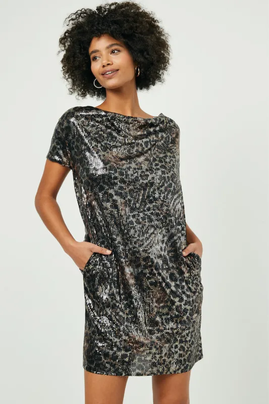 Womens Leopard Sequin Cowl Neck Sleeveless Dress sold by Hayden