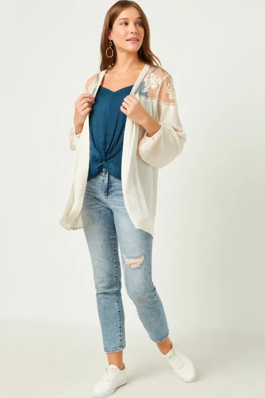 Womens Embroidered Yoke Swiss Dot Puff Sleeve Open Cardigan made by Hayden