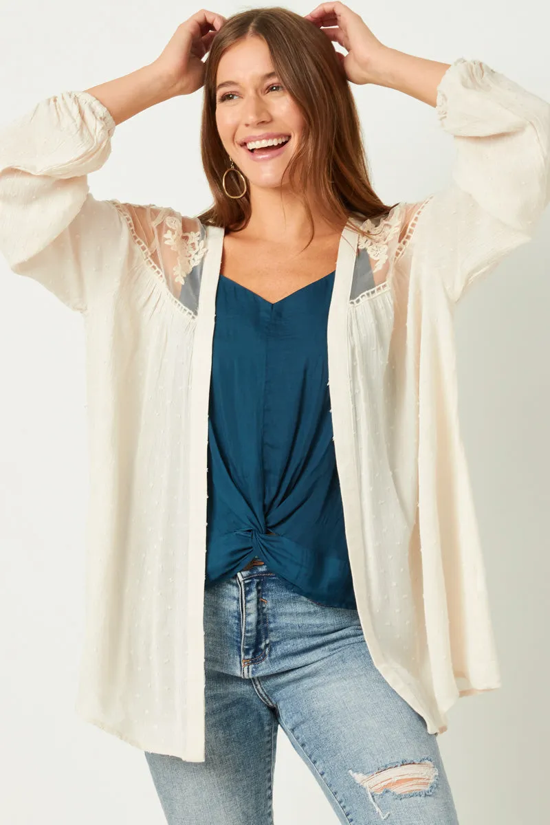 Womens Embroidered Yoke Swiss Dot Puff Sleeve Open Cardigan sold by Hayden product image thumbnail 3