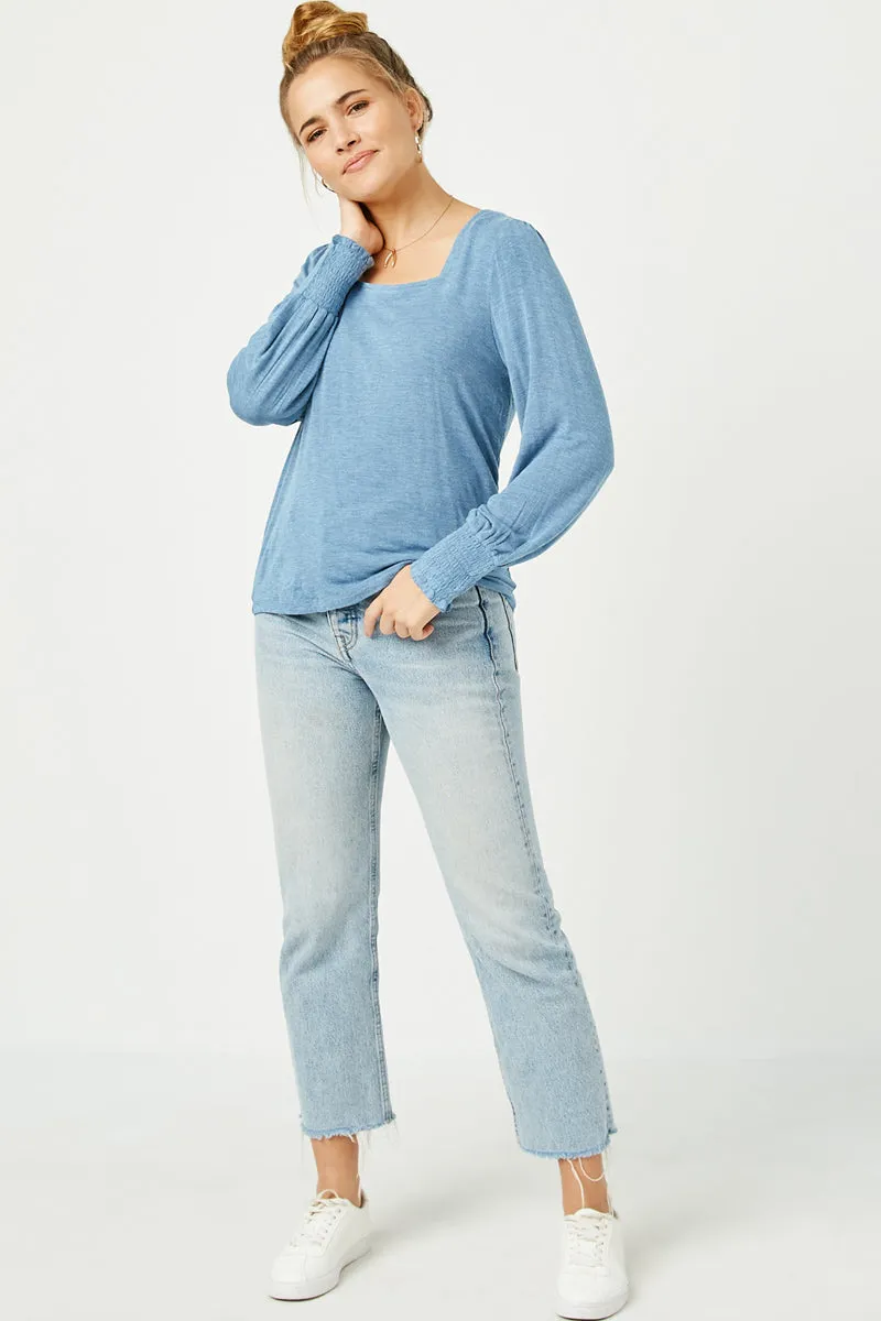 Womens Heathered Square Neck Smocked Cuff Knit Top sold by Hayden product image thumbnail 3