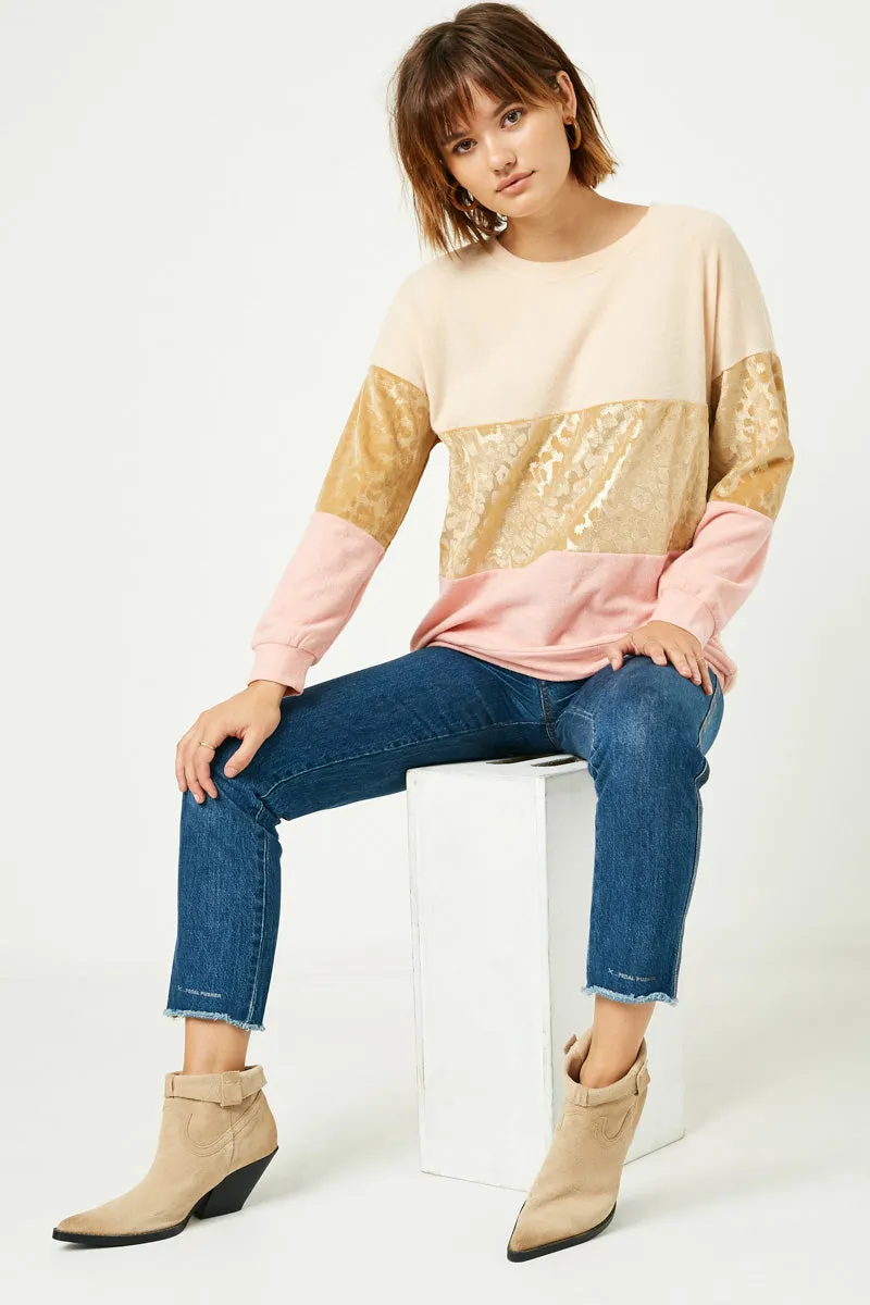 Womens Long Sleeve Gold Leopard Panel Top sold by Hayden
