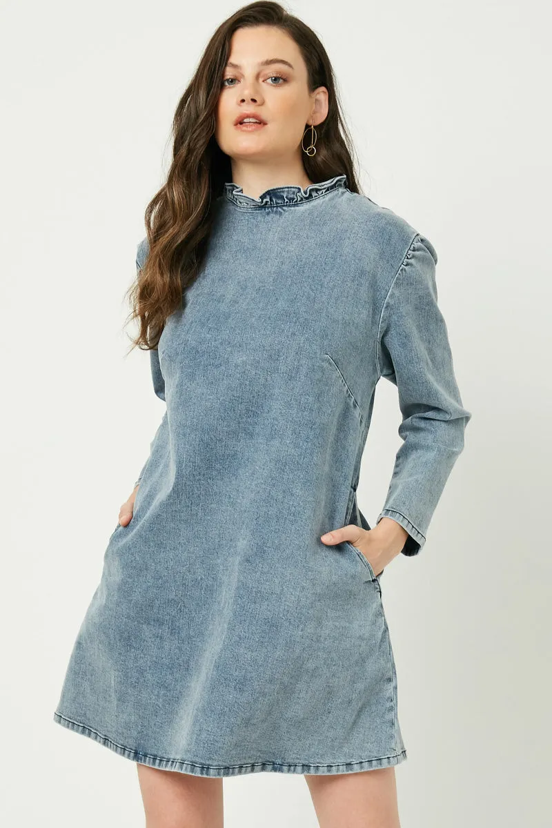 Womens Long Sleeve Ruffle Neck Denim Dress sold by Hayden product image thumbnail 4