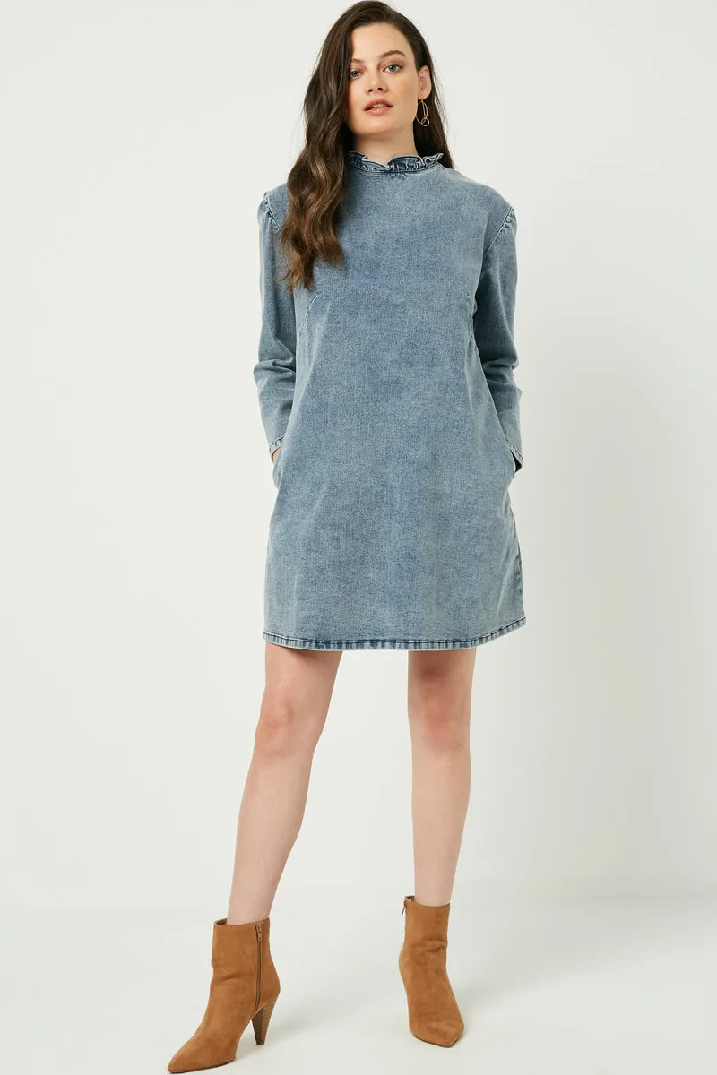 Womens Long Sleeve Ruffle Neck Denim Dress sold by Hayden
