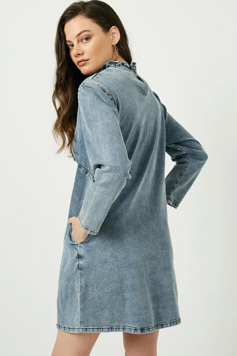 Womens Long Sleeve Ruffle Neck Denim Dress sold by Hayden product image thumbnail 3