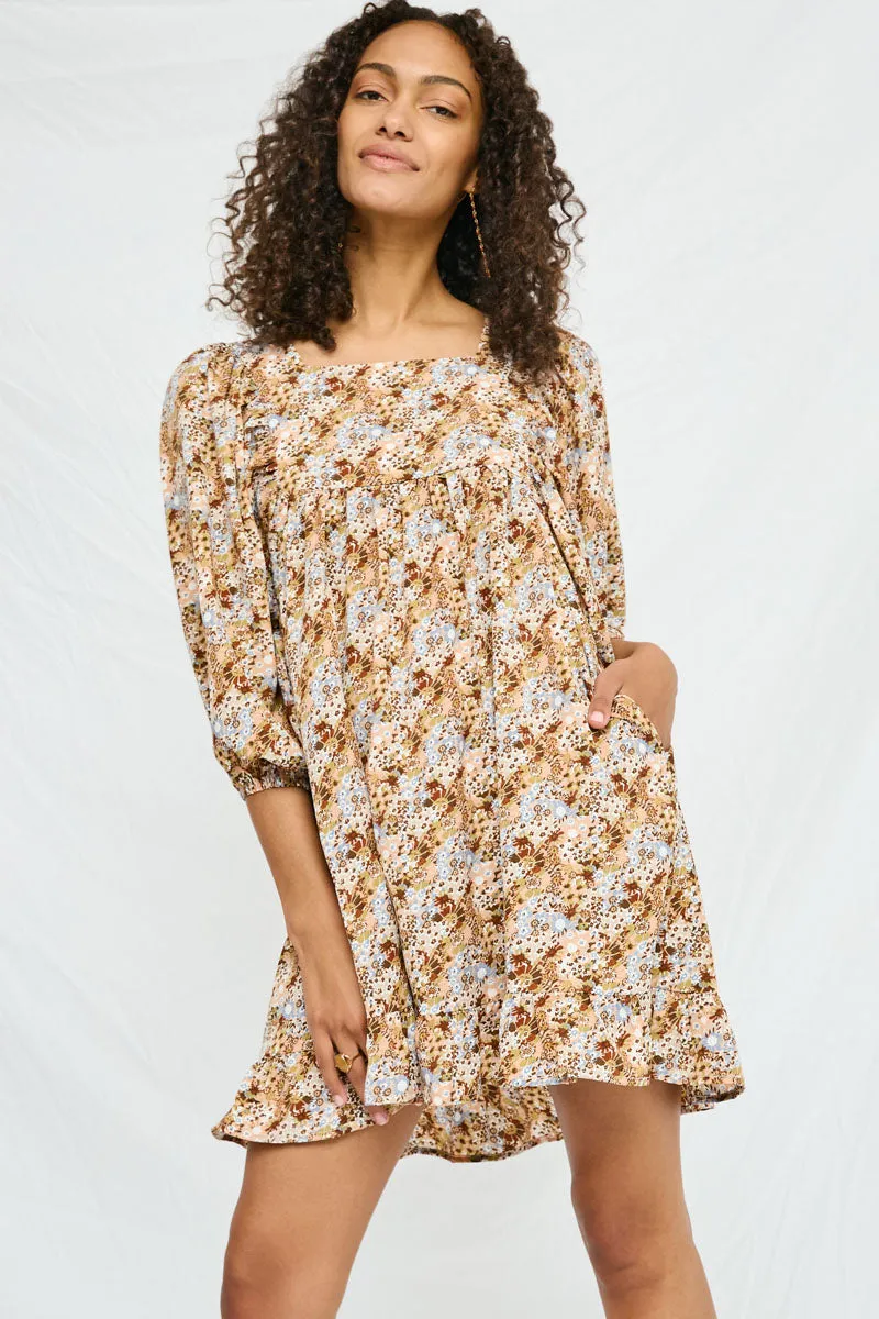 Womens Square Neck 3/4 Sleeve Printed Dress sold by Hayden