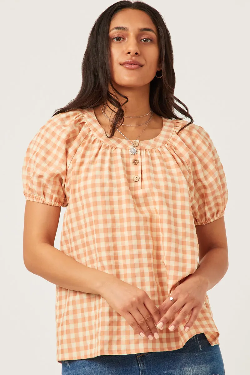 Womens Gingham Button Detail Puff Sleeve Scoop Neck Top sold by Hayden product image thumbnail 3